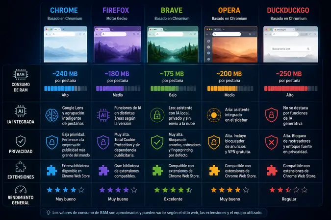 Chrome, Firefox, Brave, Opera y DuckDuckGo: cuál consume menos RAM y cuál tiene mejor IA integrada en 2026
